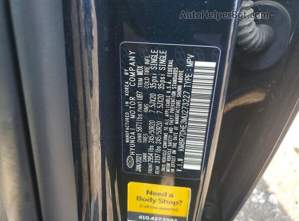 KM8R7DHE3MU273227 2021 HYUNDAI PALISADE Black Vista de la etiqueta del VIN