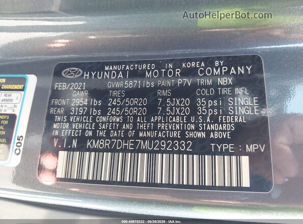 KM8R7DHE7MU292332 2021 HYUNDAI PALISADE Серый Вид подкапотного пространства