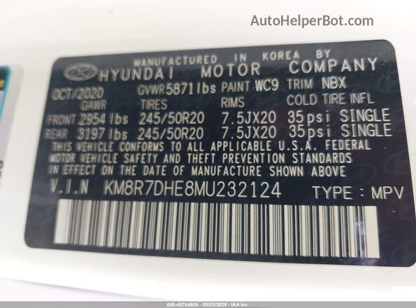KM8R7DHE8MU232124 2021 HYUNDAI PALISADE Белый Вид подкапотного пространства