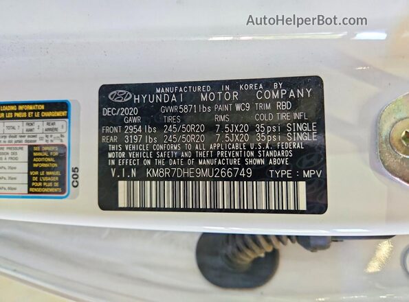 KM8R7DHE9MU266749 2021 HYUNDAI PALISADE White Вид наклейки з VIN-кодом