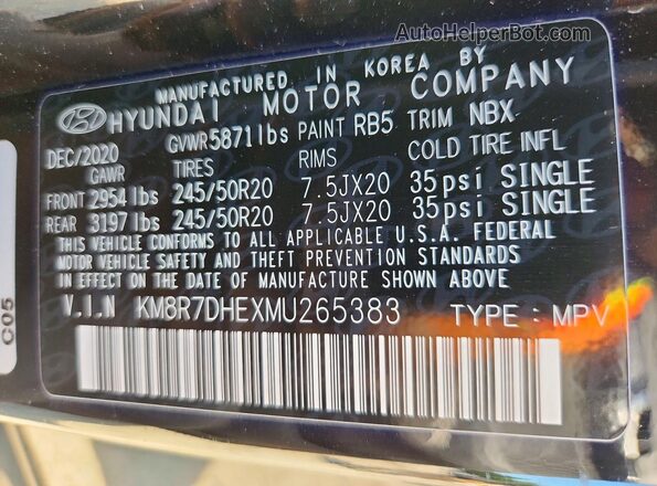 KM8R7DHEXMU265383 2021 HYUNDAI PALISADE Черный Панорамный вид салона 360°