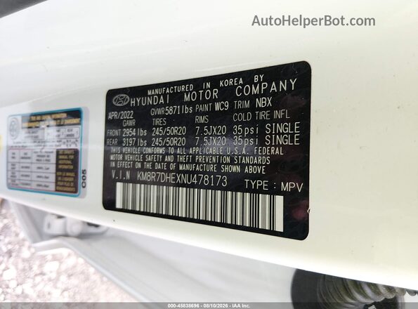 KM8R7DHEXNU478173 2022 HYUNDAI PALISADE White Vista del compartimento del motor