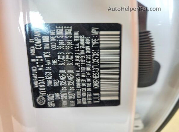 KM8RHESA3TU037331 2026 HYUNDAI PALISADE White VIN კოდის სტიკერის ხედი