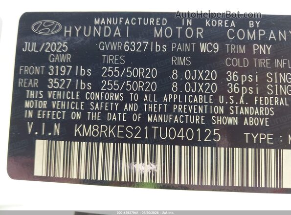 KM8RKES21TU040125 2026 HYUNDAI PALISADE White Շարժիչի բաժամունքի տեսք