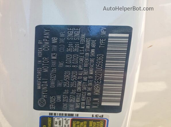 KM8RKES22TU059363 2026 HYUNDAI PALISADE White VIN կոդի պիտակի տեսք