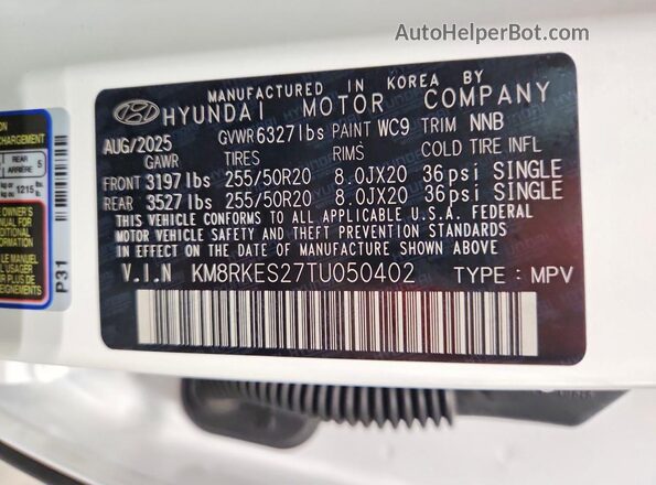 KM8RKES27TU050402 2026 HYUNDAI PALISADE White Вид наклейки з VIN-кодом
