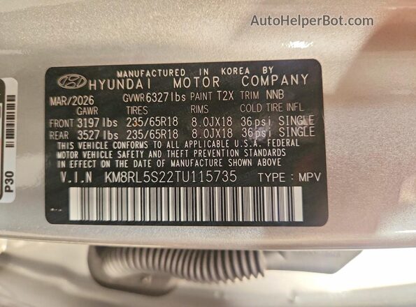 KM8RL5S22TU115735 2026 HYUNDAI PALISADE Серебряный Вид наклейки с VIN-кодом