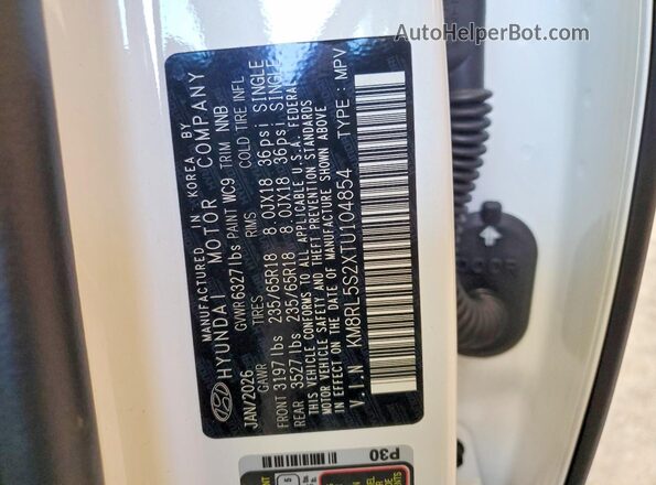 KM8RL5S2XTU104854 2026 HYUNDAI PALISADE White Widok wnętrza 360 stopni