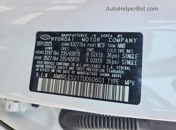 KM8RLES21TU060601 2026 HYUNDAI PALISADE White Widok naklejki z numerem VIN