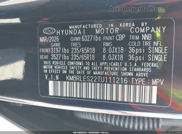 KM8RLES22TU111216 2026 HYUNDAI PALISADE Blue ძრავის განყოფილების ხედი