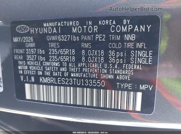 KM8RLES23TU133550 2026 HYUNDAI PALISADE Gray ძრავის განყოფილების ხედი
