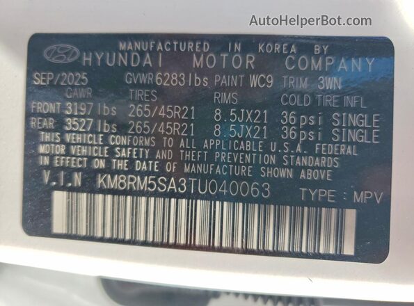 KM8RM5SA3TU040063 2026 HYUNDAI PALISADE White Widok wnętrza 360 stopni