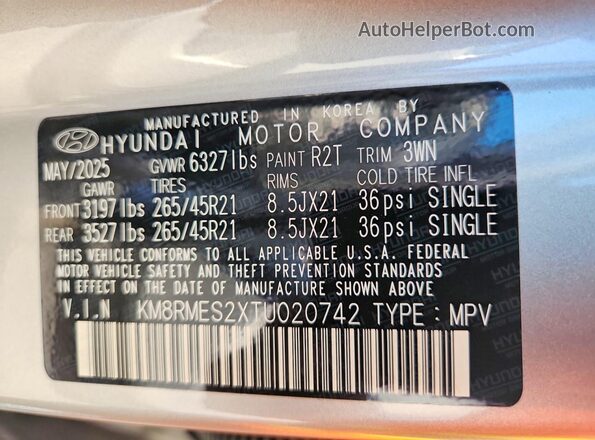 KM8RMES2XTU020742 2026 HYUNDAI PALISADE Серебряный Вид наклейки с VIN-кодом