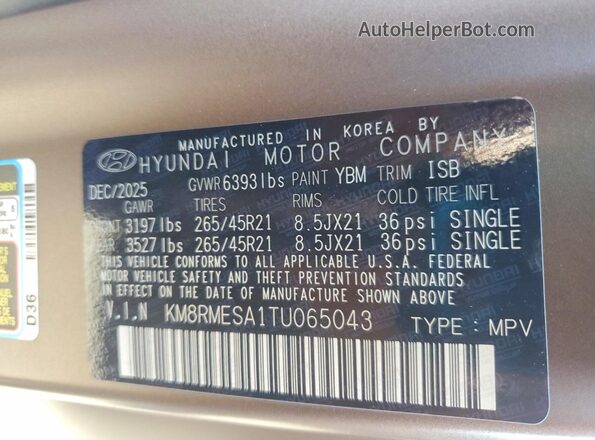 KM8RMESA1TU065043 2026 HYUNDAI PALISADE Brown Vista interior de 360 grados