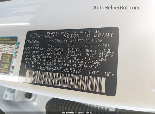 KM8RMESA5TU098918 2026 HYUNDAI PALISADE HEV Белый Вид подкапотного пространства