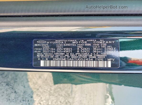 KM8RMESA6TU052434 2026 HYUNDAI PALISADE Green VIN կոդի պիտակի տեսք