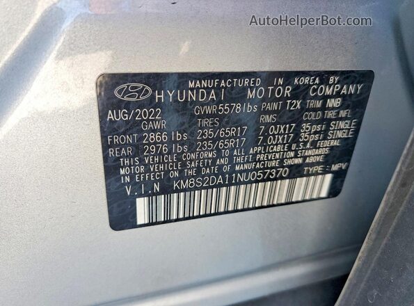 KM8S2DA11NU057370 2022 HYUNDAI SANTA Silver VIN sticker view