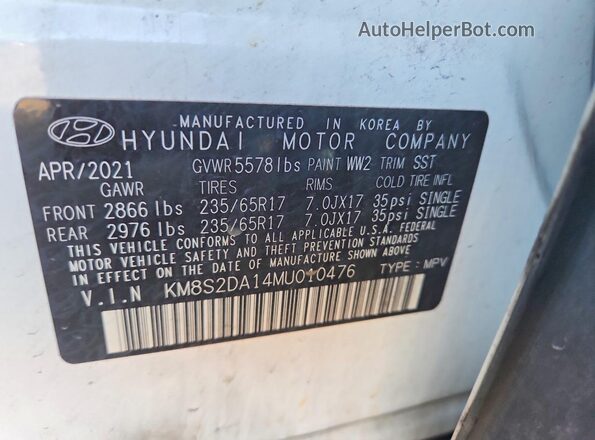 KM8S2DA14MU010476 2021 HYUNDAI SANTA White VIN կոդի պիտակի տեսք