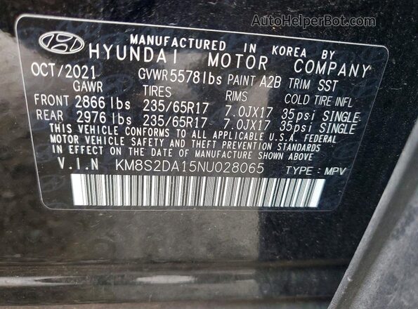 KM8S2DA15NU028065 2022 HYUNDAI SANTA Black Вид наклейки з VIN-кодом