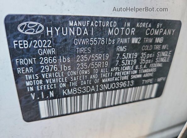 KM8S3DA13NU039613 2022 HYUNDAI SANTA White Widok komory silnika