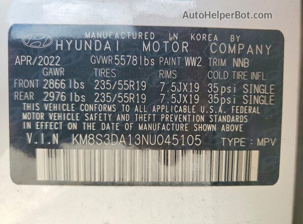 KM8S3DA13NU045105 2022 HYUNDAI SANTA Белый Панорамный вид салона 360°