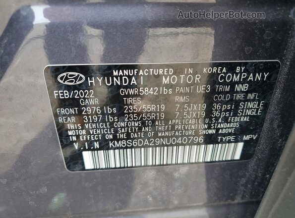 KM8S6DA29NU040796 2022 HYUNDAI SANTA Gray Widok naklejki z numerem VIN
