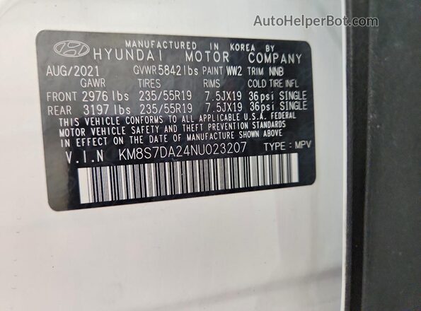 KM8S7DA24NU023207 2022 HYUNDAI SANTA White Widok naklejki z numerem VIN