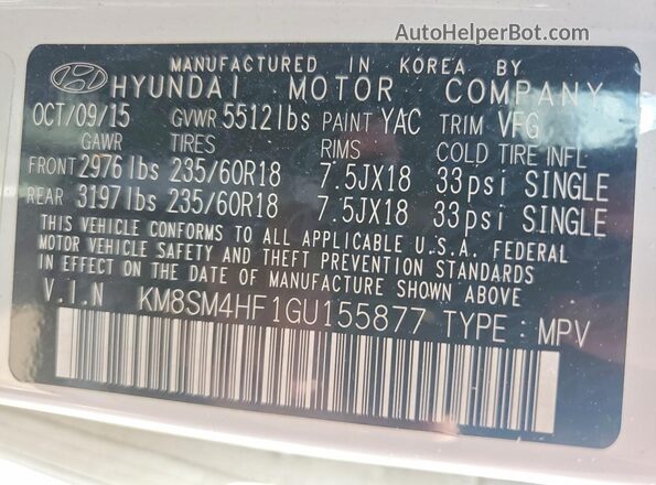 KM8SM4HF1GU155877 2016 HYUNDAI SANTA White VIN sticker view