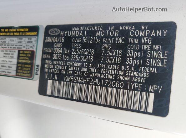 KM8SM4HF2HU172060 2017 HYUNDAI SANTA White VIN კოდის სტიკერის ხედი