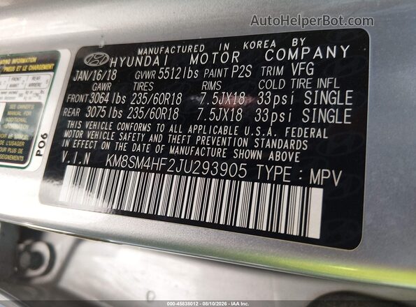 KM8SM4HF2JU293905 2018 HYUNDAI SANTA FE Silver Շարժիչի բաժամունքի տեսք