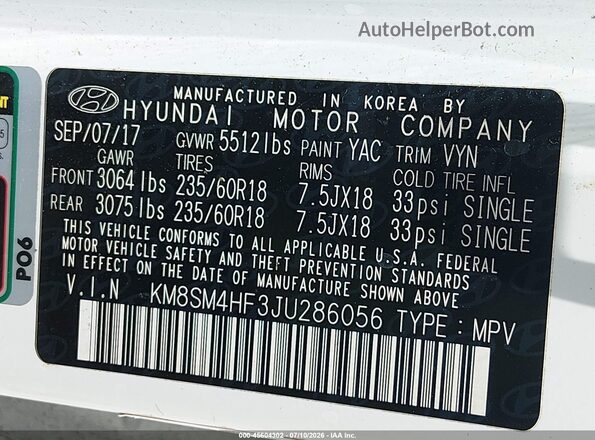 KM8SM4HF3JU286056 2018 HYUNDAI SANTA FE White Widok komory silnika