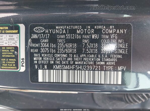 KM8SM4HF5HU239721 2017 HYUNDAI SANTA FE Синий Вид подкапотного пространства