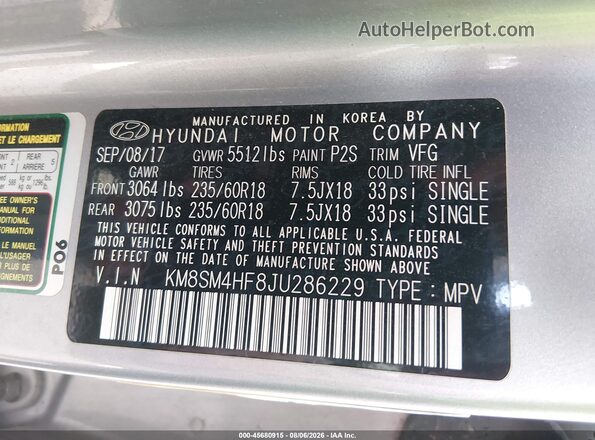 KM8SM4HF8JU286229 2018 HYUNDAI SANTA FE Silver Widok komory silnika