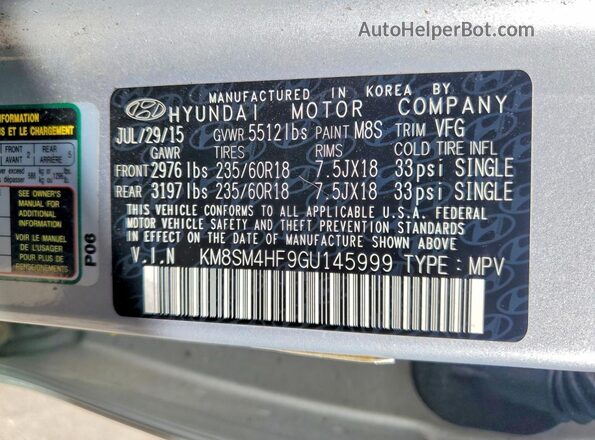 KM8SM4HF9GU145999 2016 HYUNDAI SANTA Серебряный Вид наклейки с VIN-кодом