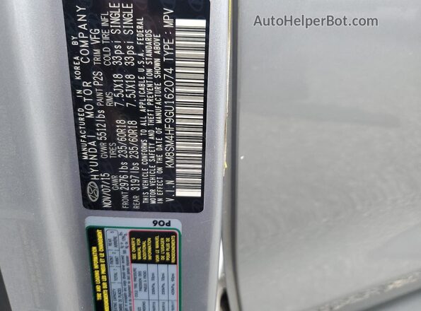 KM8SM4HF9GU162074 2016 HYUNDAI SANTA Silver Vista del compartimento del motor