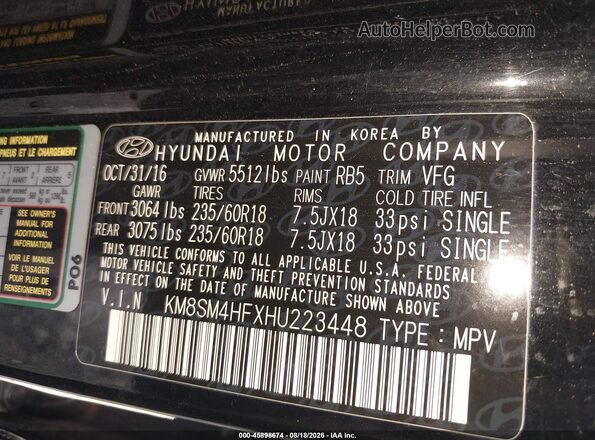 KM8SM4HFXHU223448 2017 HYUNDAI SANTA FE Black ძრავის განყოფილების ხედი