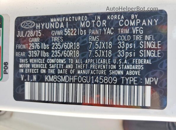 KM8SMDHF0GU145809 2016 HYUNDAI SANTA White VIN sticker view