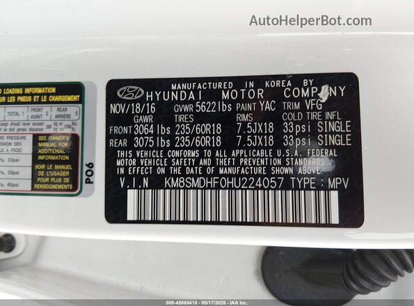 KM8SMDHF0HU224057 2017 HYUNDAI SANTA FE White Շարժիչի բաժամունքի տեսք
