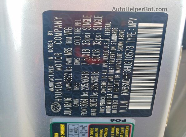 KM8SMDHF3HU210573 2017 HYUNDAI SANTA Silver Vista del compartimento del motor