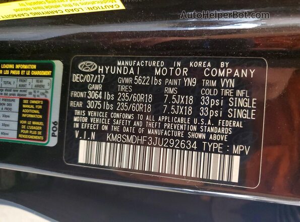KM8SMDHF3JU292634 2018 HYUNDAI SANTA Black Widok naklejki z numerem VIN