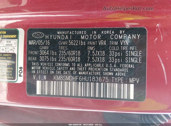 KM8SMDHF6HU183675 2017 HYUNDAI SANTA FE Red Вид підкапотного простору