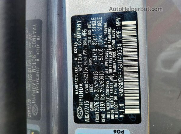 KM8SMDHF7GU149534 2016 HYUNDAI SANTA Gray 