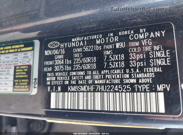 KM8SMDHF7HU224525 2017 HYUNDAI SANTA FE Gray Вид підкапотного простору