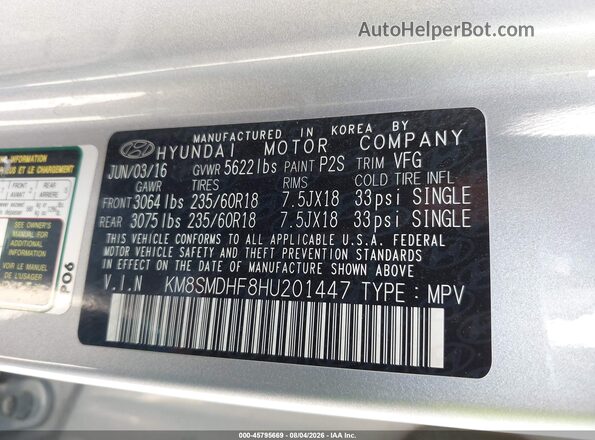 KM8SMDHF8HU201447 2017 HYUNDAI SANTA FE Silver Vista del compartimento del motor