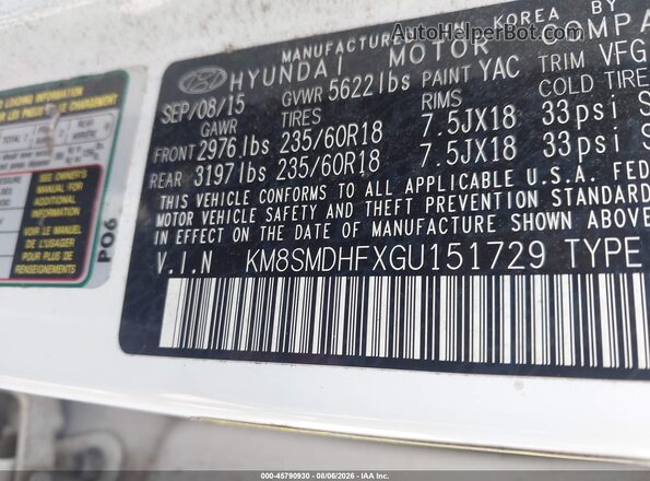KM8SMDHFXGU151729 2016 HYUNDAI SANTA FE Белый Вид подкапотного пространства