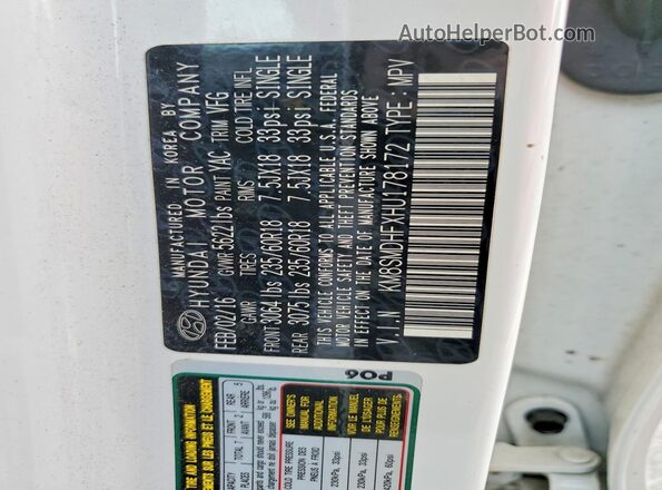 KM8SMDHFXHU178172 2017 HYUNDAI SANTA White VIN კოდის სტიკერის ხედი