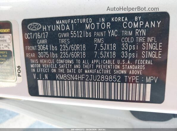 KM8SN4HF2JU289852 2018 HYUNDAI SANTA FE White Widok komory silnika