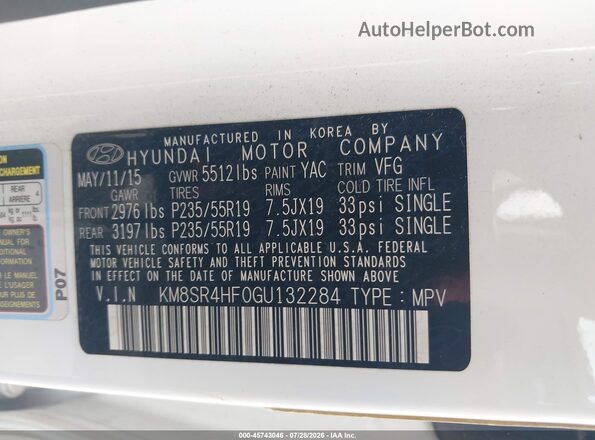 KM8SR4HF0GU132284 2016 HYUNDAI SANTA FE White Engine compartment view