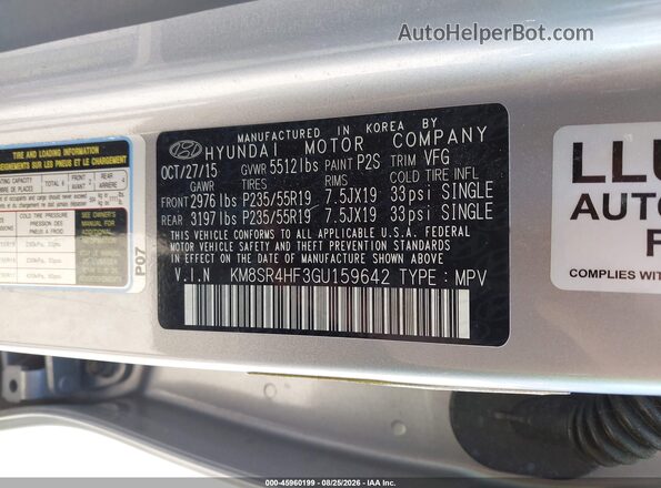 KM8SR4HF3GU159642 2016 HYUNDAI SANTA FE Silver Շարժիչի բաժամունքի տեսք