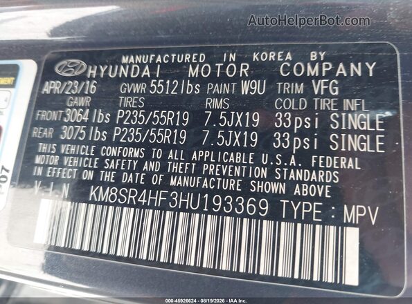 KM8SR4HF3HU193369 2017 HYUNDAI SANTA FE Gray Շարժիչի բաժամունքի տեսք